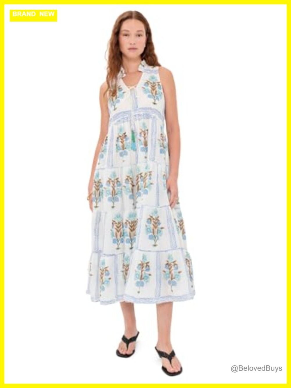 Sleeveless Floral Midi Dress with Ruffled Collar & Tassels